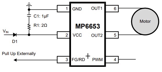 Application Circuit Diagram - Monolithic Power Systems (MPS) MP6653 Single-Phase BLDC Motor Drivers